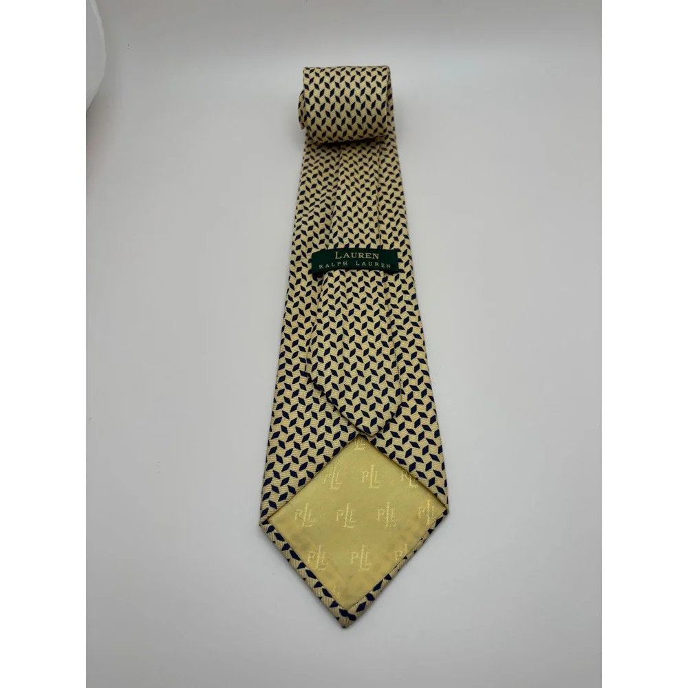 Lauren Ralph Lauren Mens Silk Tie Yellow Navy Blue Geometric Diamond Pattern